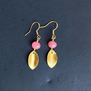 Genuine Pink Rhodochrosite Natural Gemstone Gold Plated Leaf Dangle Earrings